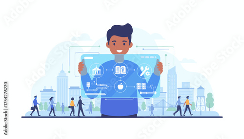 A smiling man holds a transparent digital interface displaying icons representing government, education, health, and technology, set against a backdrop of a modern city with diverse people walking
