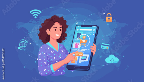 Smiling woman confidently making online purchases using a smartphone, surrounded by icons representing e-commerce, security, and global connectivity, illustrating the convenience of digital shopping
