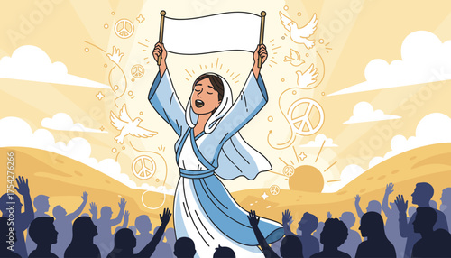 A woman in a flowing blue and white robe holds a blank banner aloft, her eyes closed in a powerful chant, surrounded by symbols of peace, doves, and a cheering crowd, symbolizing hope, unity, and a
