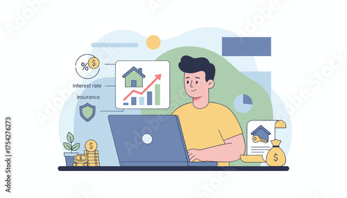 Vibrant illustration of a person using a laptop to manage real estate investments, featuring icons for interest rate, insurance, growing charts, coins, a money bag, and a house key, symbolizing