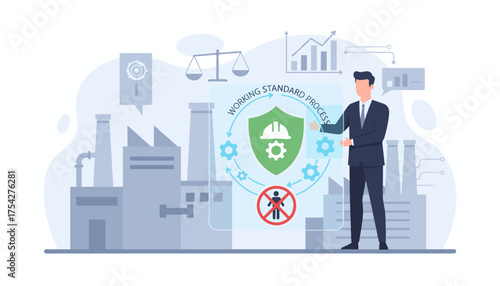 Business professional presenting a digital interface showcasing industrial safety standards, compliance, and efficient working processes with factory background and graphical data visualization
