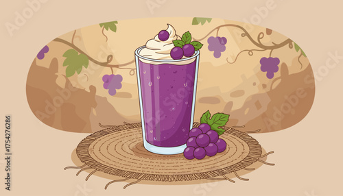 A vibrant and refreshing grape smoothie, topped with whipped cream and garnished with fresh grapes and leaves, sits on a rustic sackcloth coaster, with a blurred background of grapevines and sunlight.