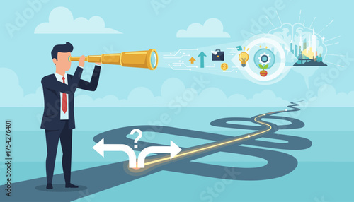 Businessman with a telescope looking at a bright future with business icons, growth charts, and a cityscape, symbolizing strategic planning, decision-making, and identifying opportunities on a
