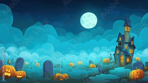 Halloween cartoon vector illustration on blue background with haunted house, pumpkins, and full moon, perfect for digital posters and holiday themes.