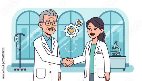 Two doctors, one senior and one younger, shaking hands in a modern laboratory setting, symbolizing collaboration and partnership in medical research and healthcare, with gears and a heart icon