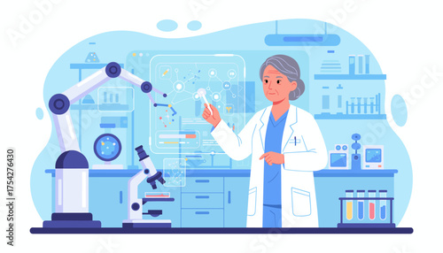 Experienced senior female scientist in a white lab coat conducting research in a modern laboratory, interacting with a holographic display showing molecular structures and data, surrounded by