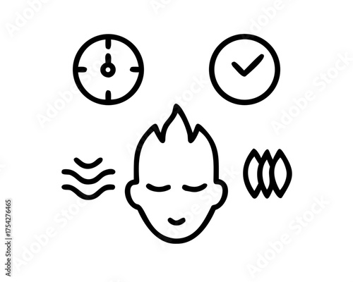 Person meditating with clock, check mark, waves, and contact lenses