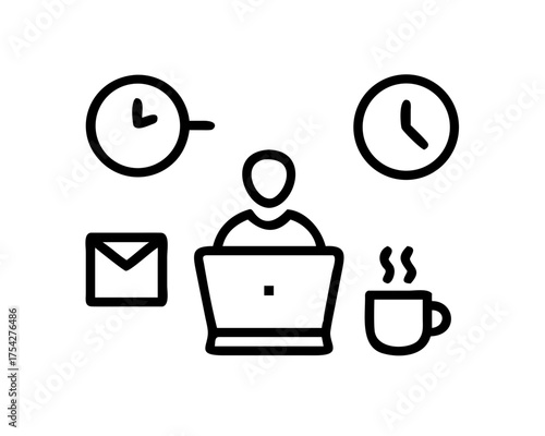 Person working on laptop with coffee and clock