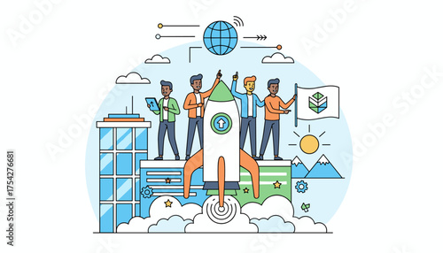 Diverse team of entrepreneurs celebrating a successful startup launch, standing on a rocket ship with a globe and cityscape in the background, symbolizing innovation, growth, and global business