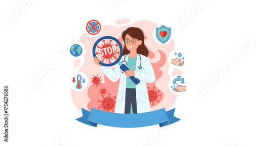 Doctor of Epidemiology holding magnifying glass with STOP sign on Monkeypox virus, surrounded by icons representing global spread, temperature, hand washing, and protection, emphasizing prevention