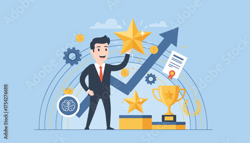 Successful businessman holding a golden star, symbolizing achievement and self-confidence, with a rising graph, trophy, certificate, and gears in the background, representing business growth and