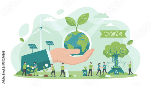 Vivid flat illustration depicting small people preparing for a sustainable future, with a hand holding the Earth sprouting a plant, solar panels, a wind turbine, and a technologically advanced tree