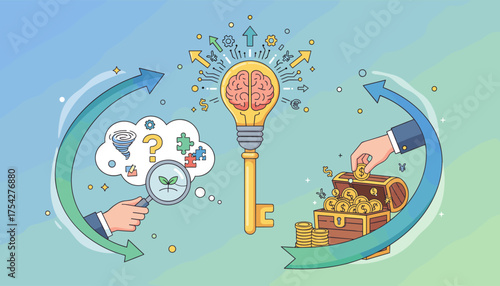 Conceptual illustration of the creative process, from identifying challenges and nurturing ideas to achieving financial success, symbolized by a key-shaped lightbulb with a brain, a magnifying glass