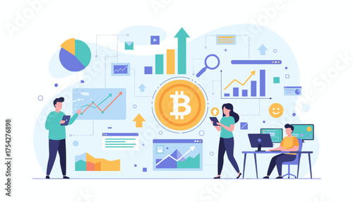 Vibrant vector illustration depicting a modern financial concept with Bitcoin at the center, surrounded by various charts, graphs, and people interacting with data, symbolizing cryptocurrency