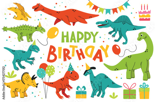 Birthday collection with dinosaurs and party elements. Colorful vector illustrations for kids' celebrations, invitations and festive decor.