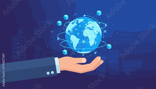 Conceptual illustration of Web 3.0 technology, featuring a businessman's open hand supporting a glowing digital globe interconnected with abstract cubes and data streams, symbolizing global
