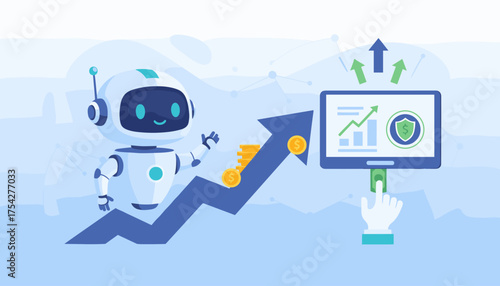 Vivid vector illustration of a friendly virtual business assistant robot, symbolizing growth and financial success with rising charts, coins, and upward arrows, representing technology and investment