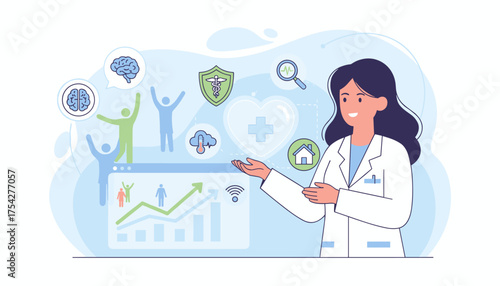 Smiling female doctor in white coat presenting a digital interface with healthcare icons: brain, shield, heart, house, cloud, magnifying glass, and graph showing upward trend, symbolizing health