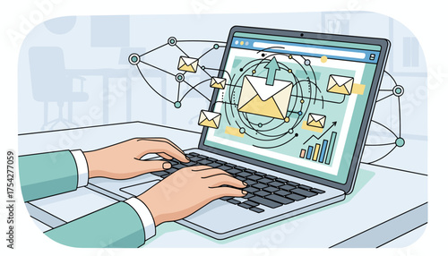 Close-up of hands typing on a laptop keyboard, with an illustration on the screen depicting email communication, data charts, and network connections, symbolizing digital correspondence and business