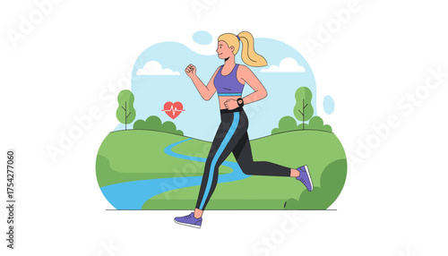 Energetic blonde woman jogging outdoors in a park, wearing a smartwatch displaying a heart rate monitor, promoting a healthy lifestyle and fitness, with a scenic landscape of rolling green hills, a
