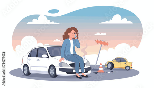 Distressed woman sitting on the hood of her broken-down car, making a phone call for assistance, with a damaged yellow car and traffic cone nearby, illustrating a roadside emergency and the need for