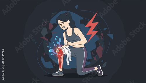 A woman in athletic wear kneels in pain, clutching her injured knee which is bandaged and highlighted with red to show inflammation and discomfort, symbolizing a sports injury or strain, with a red