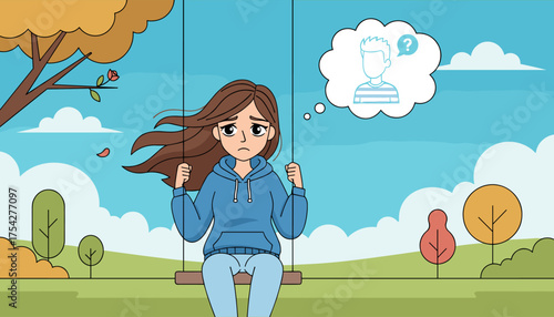 A young woman with brown hair, wearing a blue hoodie and jeans, sits on a swing in a park, looking sad and lost in thought, wondering about her boyfriend, with a thought bubble showing his outline