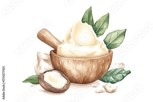 Watercolor illustration of shea butter in a wooden bowl with watercolor illutrastion transparent background