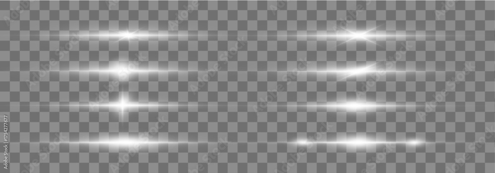 White glowing horizontal lines with soft sparkles and lens flare effects. Ideal for UI overlays and digital lighting designs. Transparent background included.