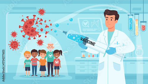 Doctor holding a large syringe with vaccine liquid, fighting against the coronavirus, protecting children and elderly people in a laboratory setting, scientific research and healthcare concept.