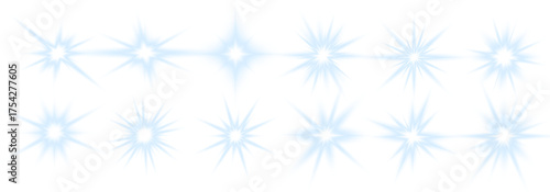 Glowing blue lines with horizontal flare and light bursts. Great for festive UI elements and digital decorations. Transparent vector file included.
