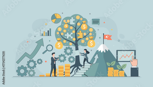 Vibrant flat illustration depicting business growth and financial success, featuring a money tree with puzzle pieces, rising charts, stacks of coins, a mountain peak with a flag, and business people