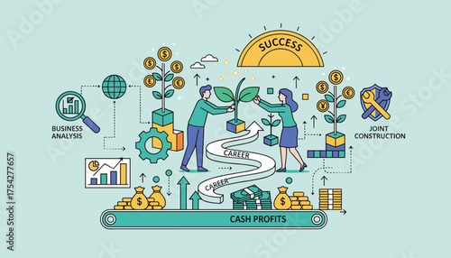 Creative vector illustration depicting the journey of business growth, career development, and financial success, featuring elements like business analysis, joint construction, cash profits, and a
