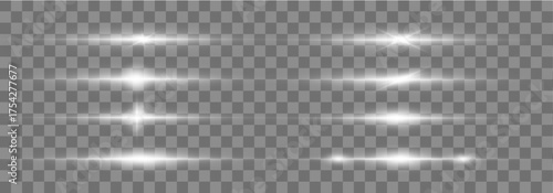 White glowing horizontal lines with soft sparkles and lens flare effects. Ideal for UI overlays and digital lighting designs. Transparent background included.