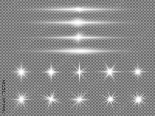 Soft white light beams with sparkling dust and glowing stars. Suitable for magical and holiday-themed digital designs. Vector illustration.