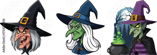 Spooky old witch face with pointy hat for halloween horror magic and fantasy