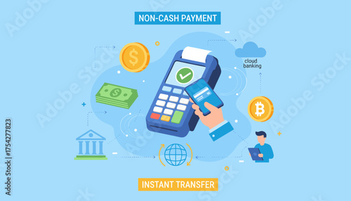 Vivid vector illustration depicting the concept of non-cash payment and instant transfer, showcasing a credit card terminal, smartphone with digital payment, banknotes, coins, a bank building, cloud