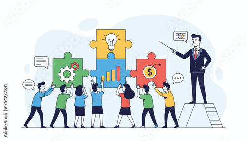 Vibrant vector illustration depicting a diverse team collaborating to assemble a large, multi-colored puzzle representing business growth, innovation, and financial success, guided by a leader.
