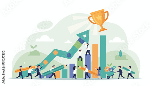 Vibrant vector illustration depicting a team of diverse business people collaborating to achieve a common goal, symbolized by a rising graph, a golden trophy, and giant pencils, representing