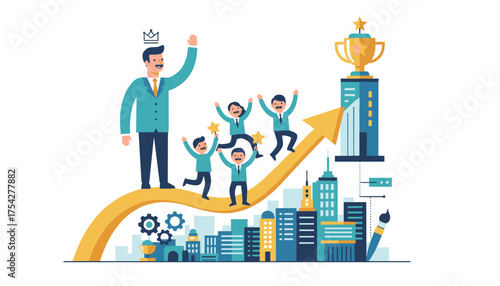 Vibrant vector illustration depicting successful business leadership, showcasing a triumphant leader with a crown, celebrating with a joyful team on an upward trending arrow, surrounded by a