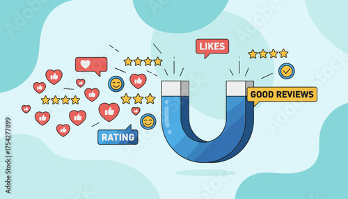 Vivid vector illustration of a large blue horseshoe magnet attracting social media engagement elements like hearts with thumbs up, stars for rating, happy faces, and speech bubbles indicating