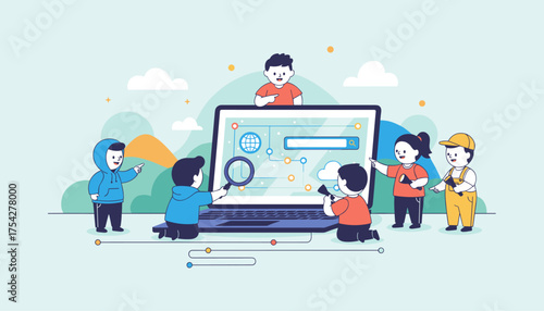Vibrant vector illustration depicting a group of diverse little characters actively engaged in a collaborative search activity around a large laptop screen, symbolizing teamwork, discovery, and