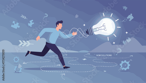Dynamic vector illustration capturing a determined businessman running towards a glowing, radiant lightbulb, symbolizing a new idea or solution, set against a stylized, abstract background with
