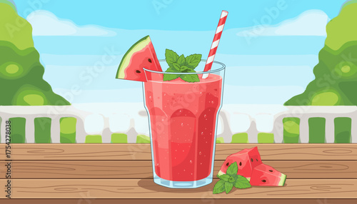 Refreshing watermelon smoothie garnished with fresh mint leaves and a slice of watermelon, served in a tall glass with a striped straw on a wooden table outdoors with a blurred background of greenery
