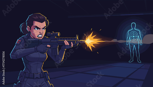 Intense female soldier in tactical gear firing a rifle with muzzle flash at a holographic target silhouette in a dark indoor shooting range, emphasizing focus and combat training.