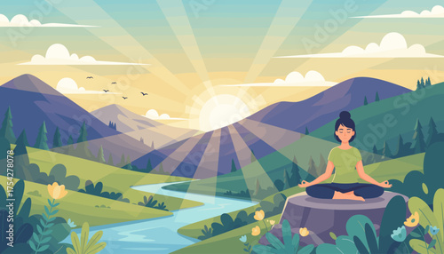 Serene woman meditating at dawn in a lush mountain landscape, with golden sunlight streaming through the sky, illuminating rolling hills, a winding river, and vibrant flora, symbolizing peace and