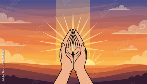 Hands in prayer gesture reaching towards a radiant sunburst during a vibrant sunset, symbolizing hope, spirituality, and divine blessing in a serene landscape with colorful clouds and layered hills