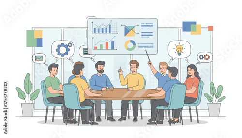 Diverse group of professionals engaged in a dynamic business meeting, discussing charts and graphs on a presentation screen, brainstorming ideas with lightbulbs and gears, symbolizing collaboration