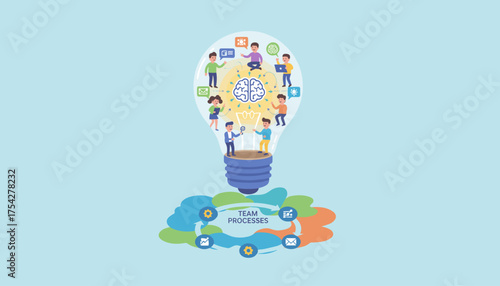Creative 3D Light Bulb with Brain Icon Representing Team Collaboration, Innovative Ideas, Efficient Processes, Communication Flow, Brainstorming and Teamwork Concept.