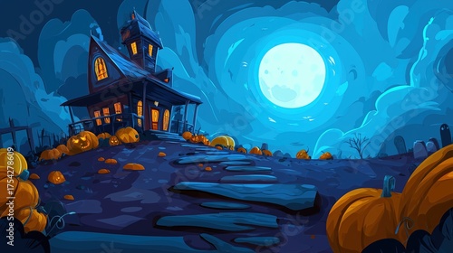 Halloween cartoon vector illustration on blue background with haunted house, pumpkins, and full moon, perfect for digital posters and holiday themes.